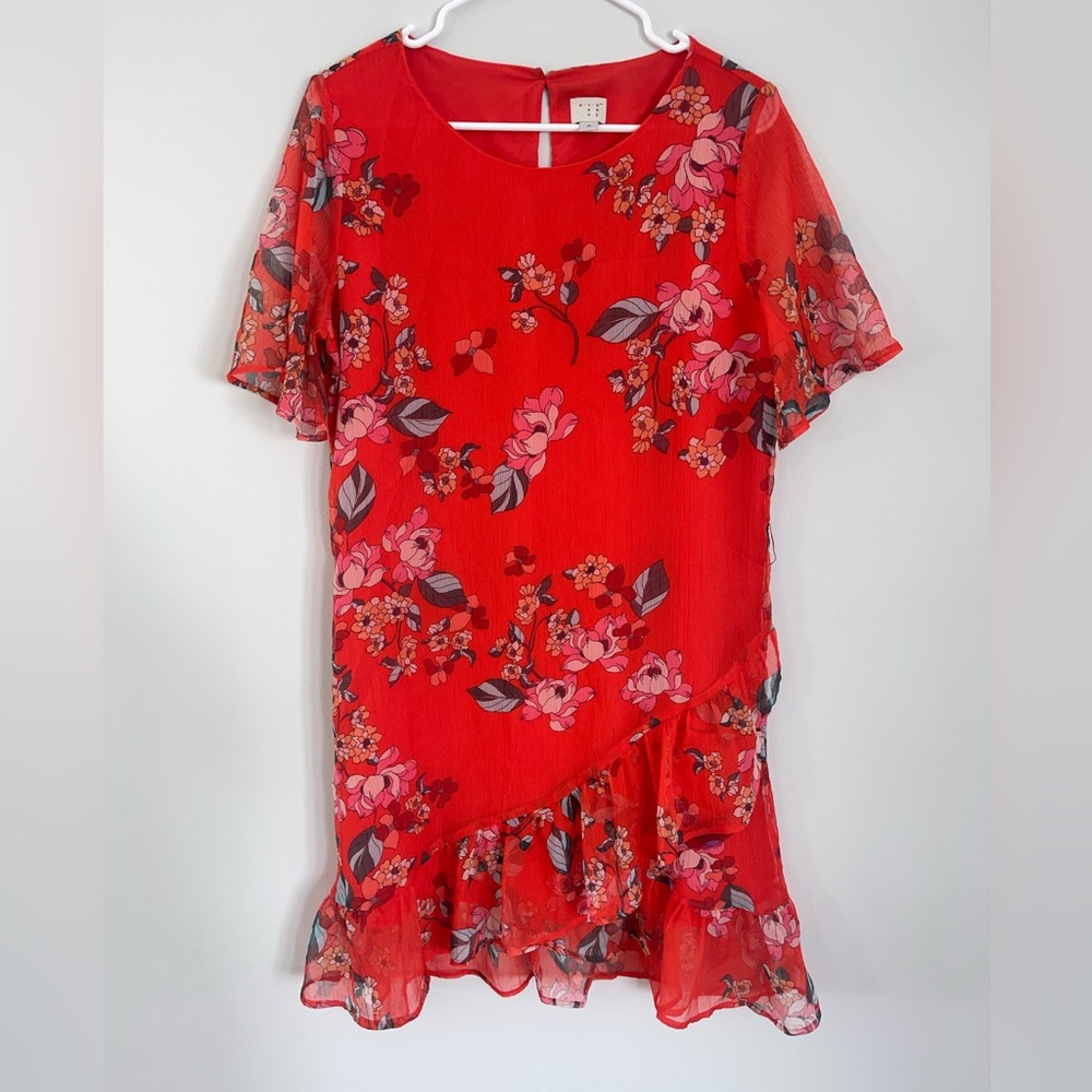 Red Floral Casual Dress Women’s M